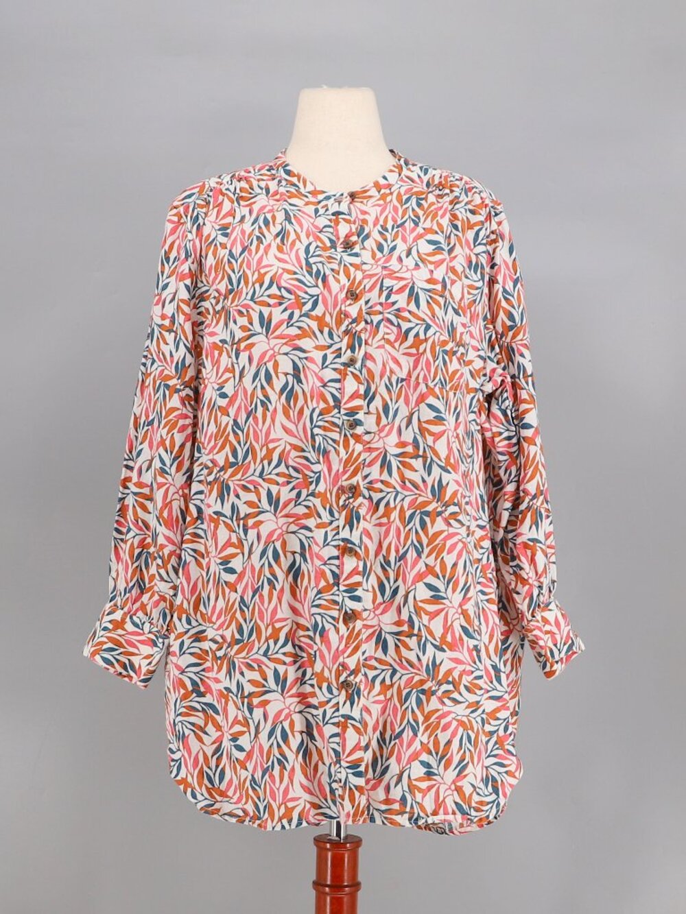 LANDS' END Linen Tunic Button Up Shirt Mandarin Collar Leaf Pattern Size 1X